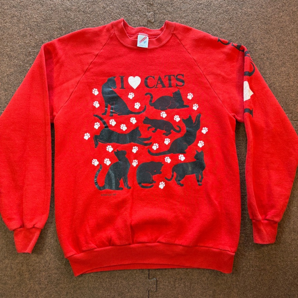 Vintage Jerzees I Love Cats Sweatshirt Womens Large Red 1987 Made in USA Raglan